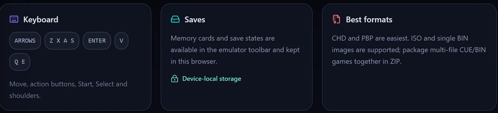 Three cards under the screen: Keyboard (arrows, Z X A S, Enter, V, Q E), Saves (memory cards and save states kept in this browser) and Best formats (CHD and PBP)